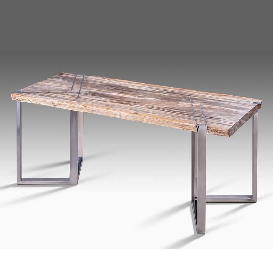 Modern Indonesian petrified wood dining table with metal base