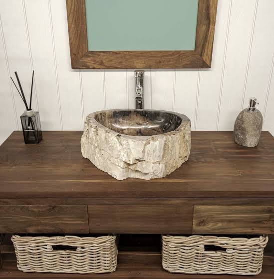 Indonesian petrified wood vessel sink for luxury bathroom